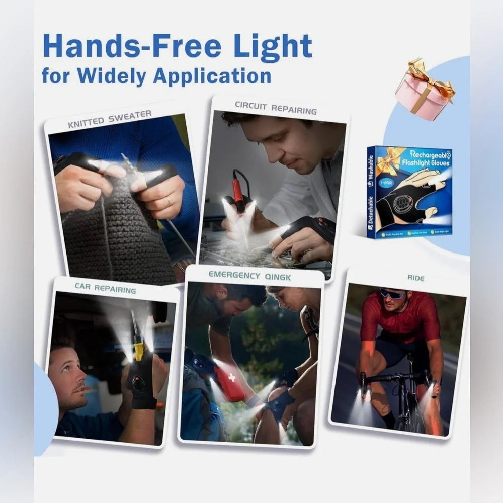 LED Flashlight Gloves - Rechargeable Detachable Washable Super Bright 1 Pair NIB